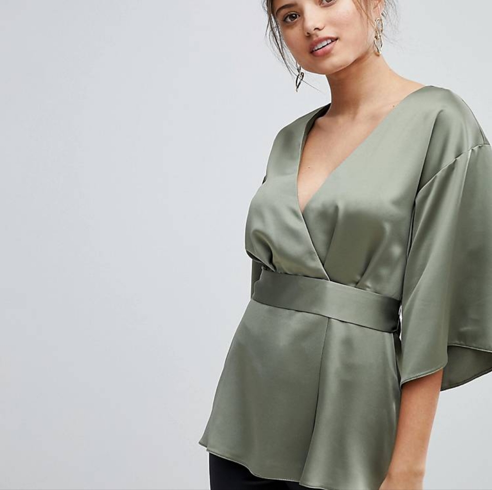 NWOT | Asos Design Women's Green Satin V-neck Wrap Tied Kimono Blouse | US 8